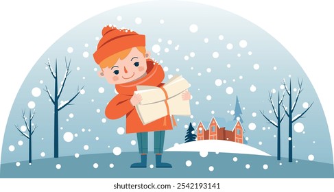 Postman holding a folded parcel in his hands. Red-haired boy happily examines a paper package in winter, heavy snow falling against the background of distant houses and forest