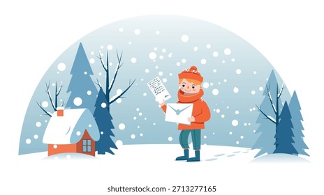 Cartero sosteniendo un paquete doblado en sus manos. Niño pelirrojo examina felizmente un paquete de papel en invierno, nieve pesada que cae contra el fondo de casas y bosques distantes. Comprueba documentos