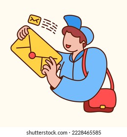 Postman holding a letter to send. Flat design modern vector illustration concept