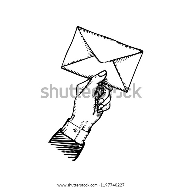 白い背景にレトロな手を付ける場合の 手紙を持つ郵便物のビンテージ彫刻ベクターイラスト のベクター画像素材 ロイヤリティフリー 1197740227