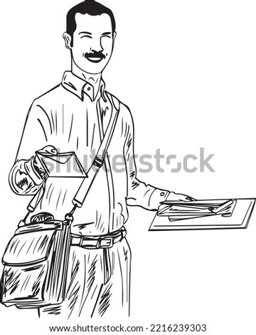 postman holding mail letter, continuous outline vector illustration silhouette of Delivery man with mail bag holding an envelope, mail boy holding letter sketch drawing, Postman placing envelope  