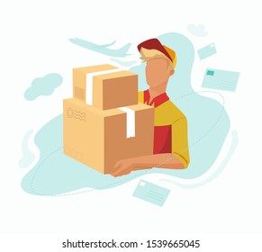 The postman is holding two parcels. Delivering parcels home.