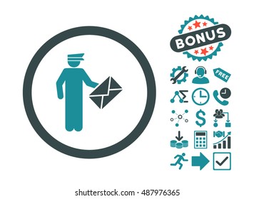Postman icon with bonus clip art. Vector illustration style is flat iconic bicolor symbols, soft blue colors, white background.