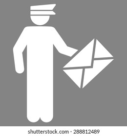 Postman icon from Business Bicolor Set. This flat vector symbol uses white color, rounded angles, and isolated on a gray background.