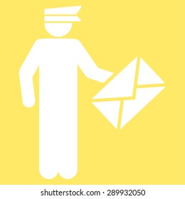 Postman icon from Business Bi-color Set. This flat vector symbol uses white color, rounded angles, and isolated on a yellow background.