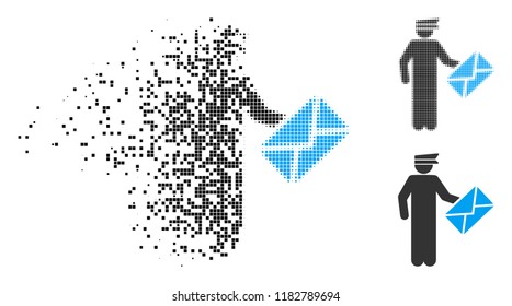 Postman icon in dissolved, pixelated halftone and whole versions. Cells are combined into vector disappearing postman form. Disappearing effect uses rectangular scintillas.