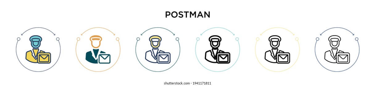 Postman icon in filled, thin line, outline and stroke style. Vector illustration of two colored and black postman vector icons designs can be used for mobile, ui, web