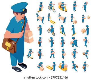 Postman icons set. Isometric set of postman vector icons for web design isolated on white background