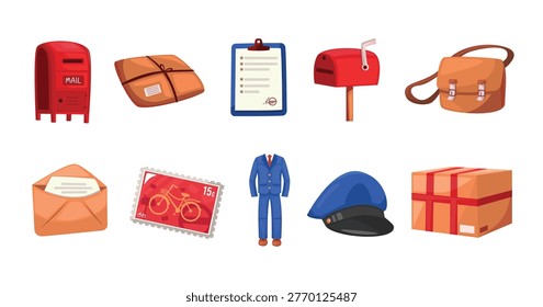 Postman icons set, postal and delivery service icon set collection, mailman carrier icon set 