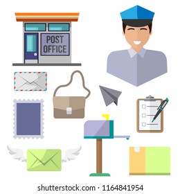 Postman, isolated icons on white background. Letter, mail box, delivery, mail, envelope, bag, postage stamp