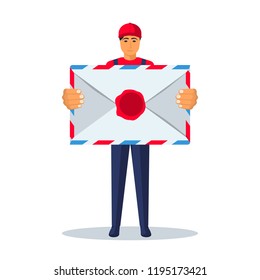 Postman with a large envelope in his hands. White envelope with a seal. Delivery mail. Vector illustration flat cartoon design. Mailman in uniform isolated on white background.