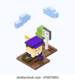The postman is late. Rushing to deliver the parcel at the time. Courier hurry. Isometric vector illustration