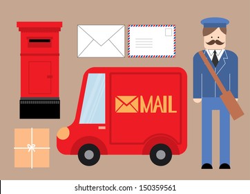 Postman Letter Box Delivery Truck Parcel Letter Vector/illustration