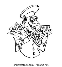 Postman with letters in hand. Contour drawing. Isolated on white background.