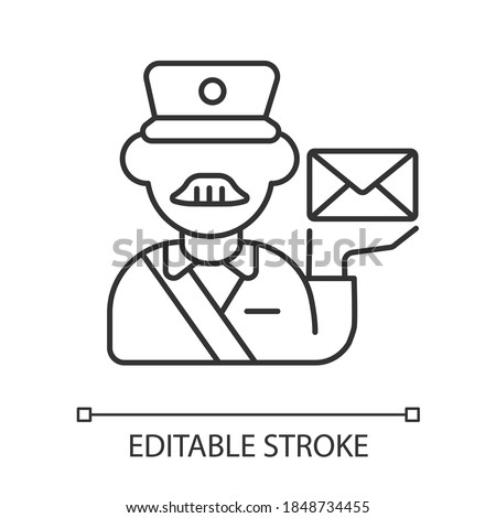 Postman linear icon. Postal service, courier delivery thin line customizable illustration. Post office worker holding envelope contour symbol. Vector isolated outline drawing. Editable stroke