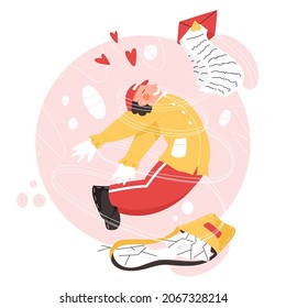 Postman in love vector flat cartoon illustration. Happy man in postman uniform flying after reading a love letter. Valentines day concept, mail from a lover.