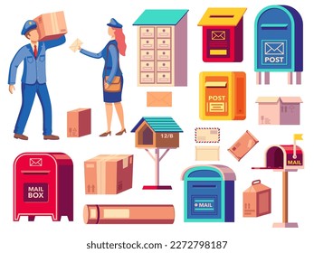 Postman and mail. Cartoon characters in mailman uniform with correspondence bag and mailbox, post delivery service concept. Vector set of postman and mail illustration