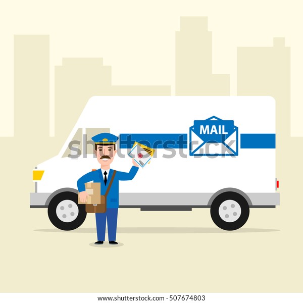 postman and mail delivery\
truck