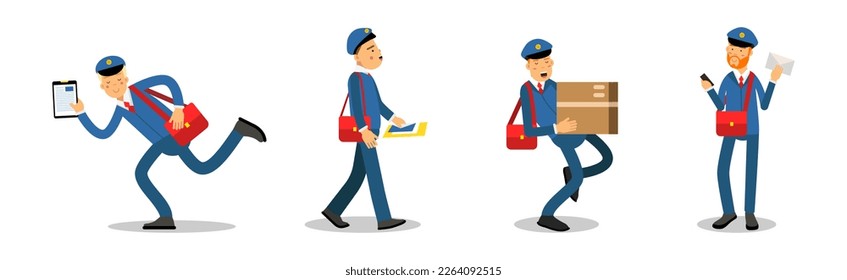 Postman or Mailman Character Delivering Letters and Parcel Vector Set