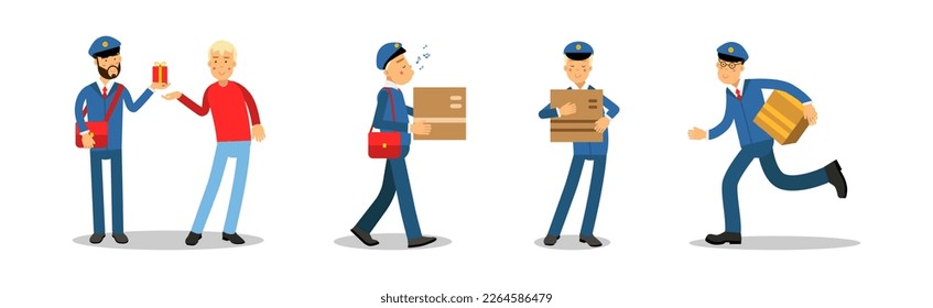 Postman or Mailman Character Delivering Parcels Vector Set