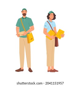 Postman or mailman letter-carrier isolated flat cartoon characters man and woman in uniform. Vector postie job professional, courier or deliveryman with bag and paper parcels, post office workers