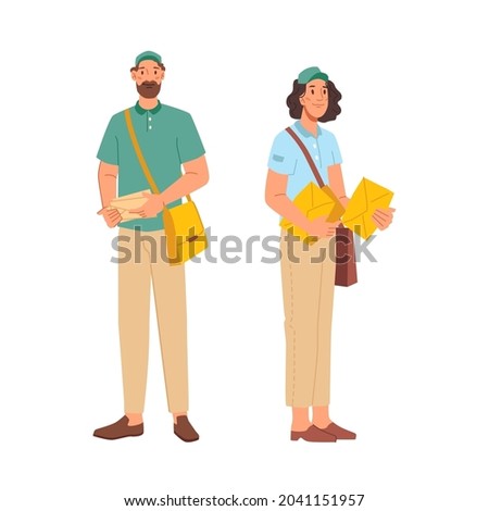 Postman or mailman letter-carrier isolated flat cartoon characters man and woman in uniform. Vector postie job professional, courier or deliveryman with bag and paper parcels, post office workers