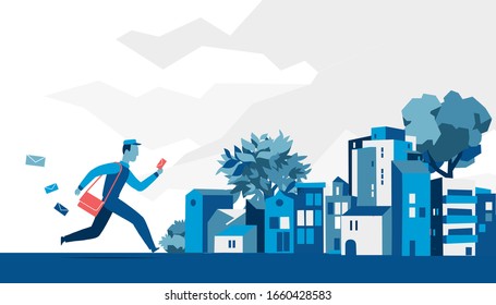 Postman, mailman with letters and messenger bag running in the city streets. Vector illustration