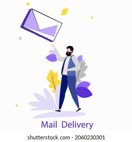 Postman, Mailman, Postal Carrier Or Postie In Uniform And Cap Carrying Messenger Bag And Letter In Envelope. Concept Of Express Mail Delivery Service. Modern Flat Colorful Vector Illustration.