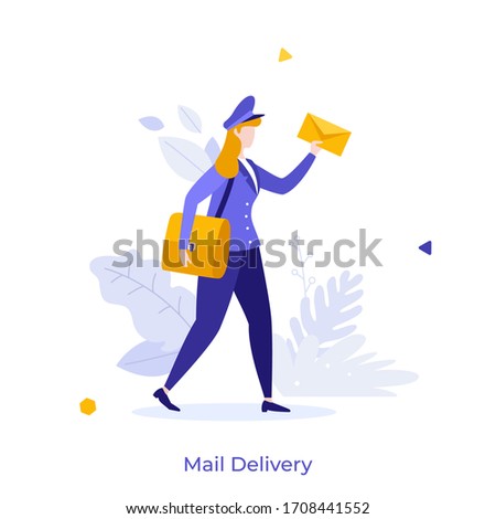 Postman, mailman, postal carrier or postie in uniform and cap carrying messenger bag and letter in envelope. Concept of express mail delivery service. Modern flat colorful vector illustration.