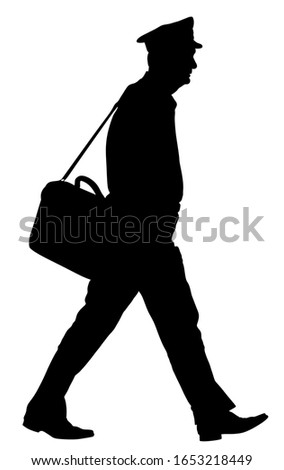 Postman or mailman walking on duty, vector silhouette illustration isolated on white background. Postman Delivering Mail. Mail carrier with bag and letter.