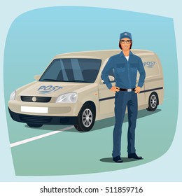 Postman, man from postal service, standing full face in uniform, hands on hips. In the background postal car. Express delivery mail concept. Cartoon style. Vector illustration