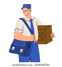 Postman man in uniform with bag and parcel in hands. Postal delivery service. Flat style character depicted standing. Courier profession. Vector illustration.