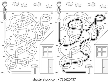 Postman maze for kids with a solution in black and white