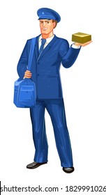 Postman. A middle-aged young man in a blue suit and tie. Object for a banner for the post office of international parcel delivery. Box in hand. Delivery of parcels. Beautiful design.
