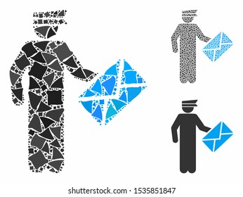 Postman mosaic of joggly parts in various sizes and color hues, based on postman icon. Vector joggly items are composed into mosaic. Postman icons collage with dotted pattern.