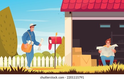 Postman Newspaper Cartoon Poster With Delivery Man And Person Reading Paper Medium Vector Illustration