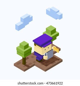 Postman with a notebook. Checks address letters. Deliver a parcel to the house. Isometric vector illustration