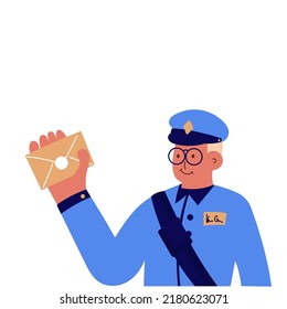 Postman office post and express service. Mailman delivery correspondence to mailbox and envelope vector illustration. Courier cartoon and documents logistics. Cheerful postal character with suit