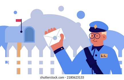 El puesto de oficina de Postman y el servicio expreso. Correspondencia de entrega de correo a la ilustración de los vectores de buzón y sobre. Caricatura de Courier y logística de documentos. Carácter postal alegre con traje