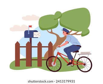 Postman auf dem Fahrrad. Man und Blue Unifrom versuchen, Buchstaben und Umschläge zu liefern. Post- und Postdienst. Freundliche und geschäftliche Korrespondenz. Kurier auf dem Fahrrad. Cartoon-Flavektor-Vektorgrafik