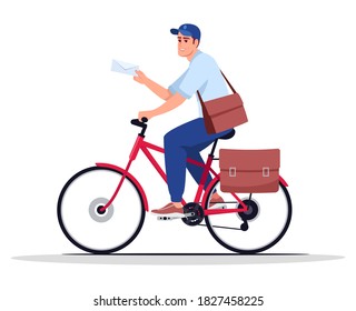 Postman on bike semi flat RGB color vector illustration. Mailman with envelope. Postal carrier. Post service male worker delivering letter isolated cartoon character on white background