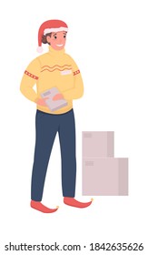 Postman on Christmas flat color vector character. Courier with clipboard. Boxes shipment. Winter holidays express delivery isolated cartoon illustration for web graphic design and animation