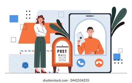 Postman online concept. Man send mesage and envelope to girl. Remote communication and interaction. International friendly correspondence. Cartoon flat vector illustration isolated on white background