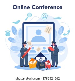 Postman online service or platform. Post office staff providing mail service. Online conference. Isolated flat vector illustration