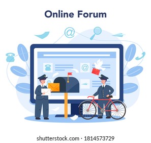 Postman online service or platform. Post office staff providing mail service. Online forum. Isolated flat vector illustration