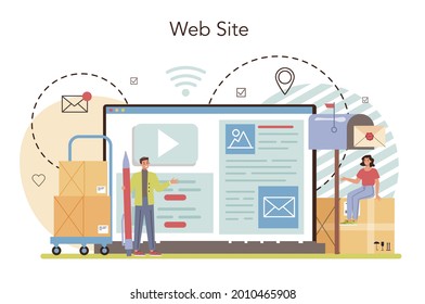 Postman online service or platform. Post office staff providing mail service, accepting of letter and package. Website. Flat vector illustration