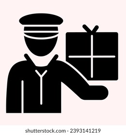 Postman con icono de glifo de paquete. Empleado de correo con caja, mensajero. Concepto de diseño vectorial de servicio postal, pictograma de estilo sólido sobre fondo blanco, uso para web y aplicación. Eps 10