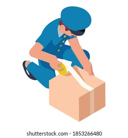 Postman packing parcel icon. Isometric of postman packing parcel vector icon for web design isolated on white background