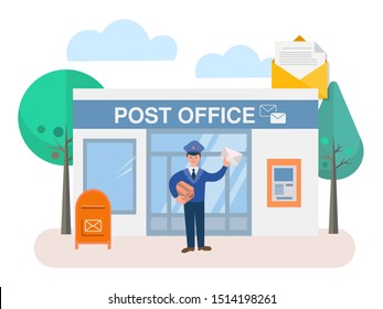 Postman with parcel and envelope at the door in the background of the post office building with a mailbox outside and ATM on the wall of the building. Illustration for banners, posters, social media.