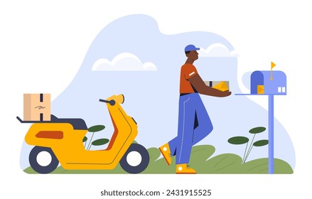 Postman with parcel. Man in uniform with cardboard box near mailbox. Business and friendly international correspondence. Courier with yellow scooter. Cartoon flat vector illustration - Powered by Shutterstock - Get 15% off with code: PIKWIZARD15